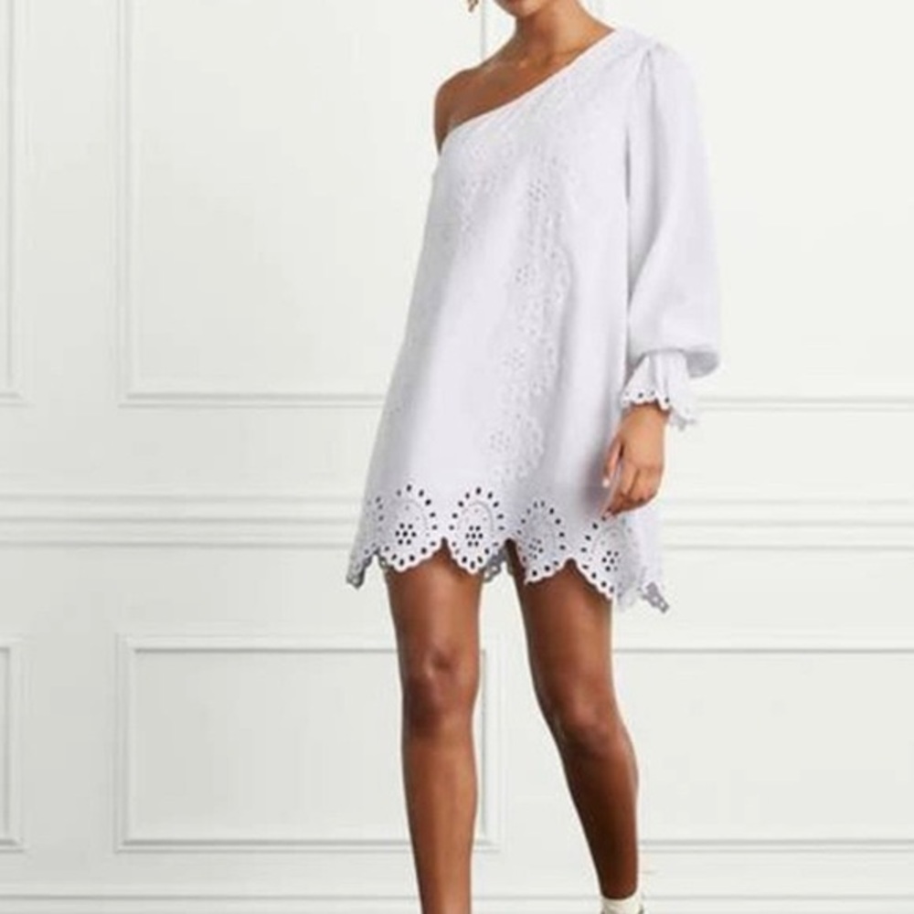 New Hill House Mila linen eyelet one shoulder dress in white